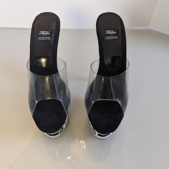 Y2K Tabu Chrome Black Shark Platform Stiletto Stripper Heels Rhinestone Studs 8 - Picture 5 of 12